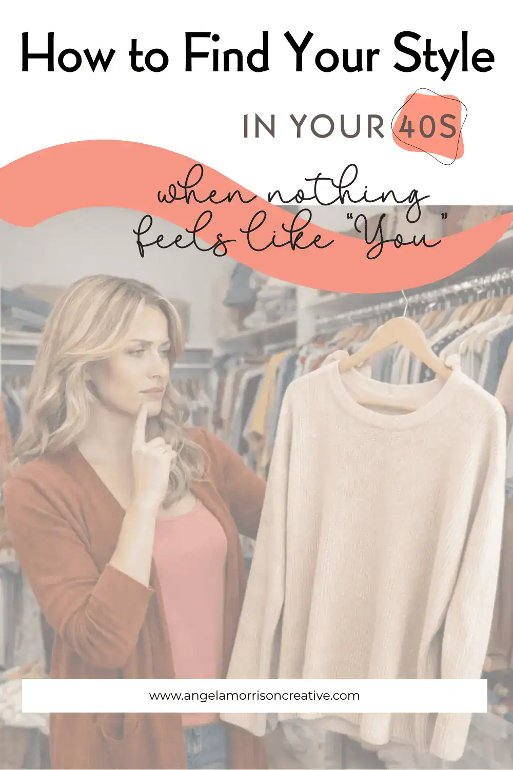 Pinterest image of woman deciding whether to keep a sweater.