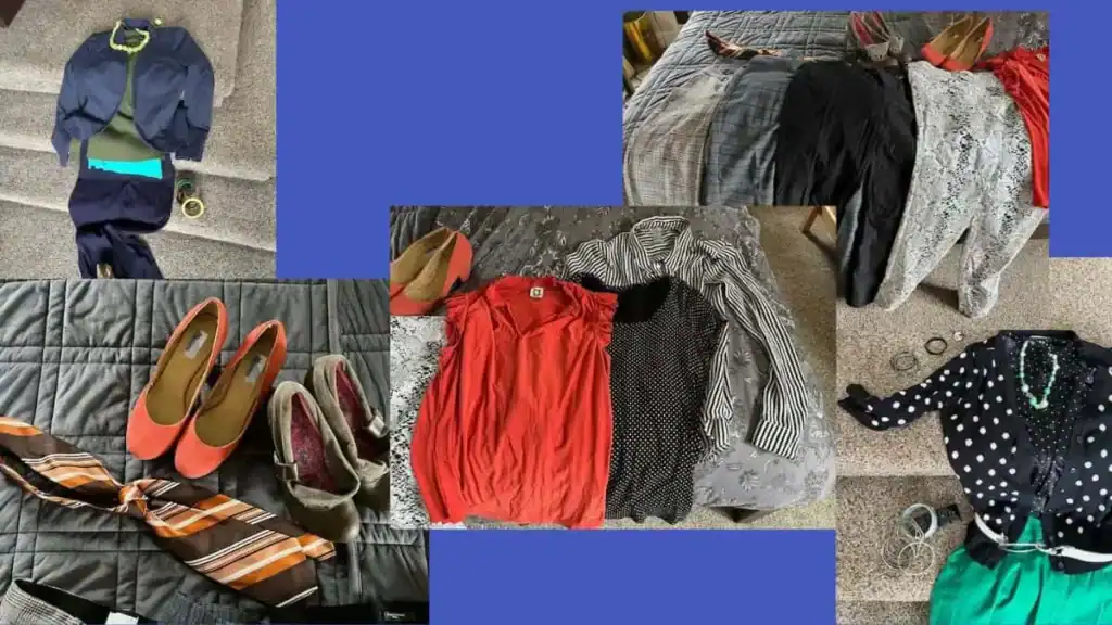 Collage of pictures of clothes as I work on finding my style. Pants, tops, shoes, accessories.