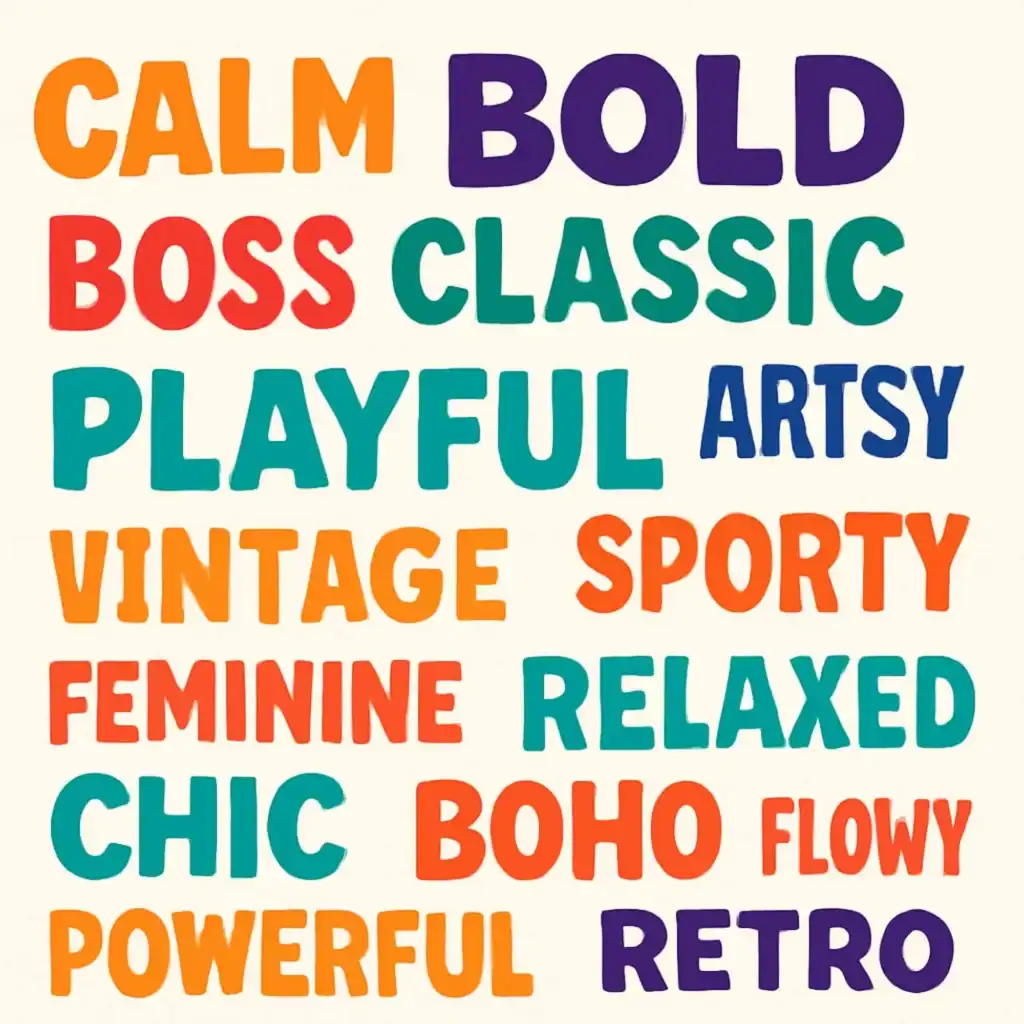 A colorful text image of a list of words to define and help you with how to find your style: 
Calm
Bold
Boss
Classic
Playful
Vintage
Artsy
Sporty
Feminine
Chic
Powerful
Retro
Relaxed
Boho
Flowy
Professional