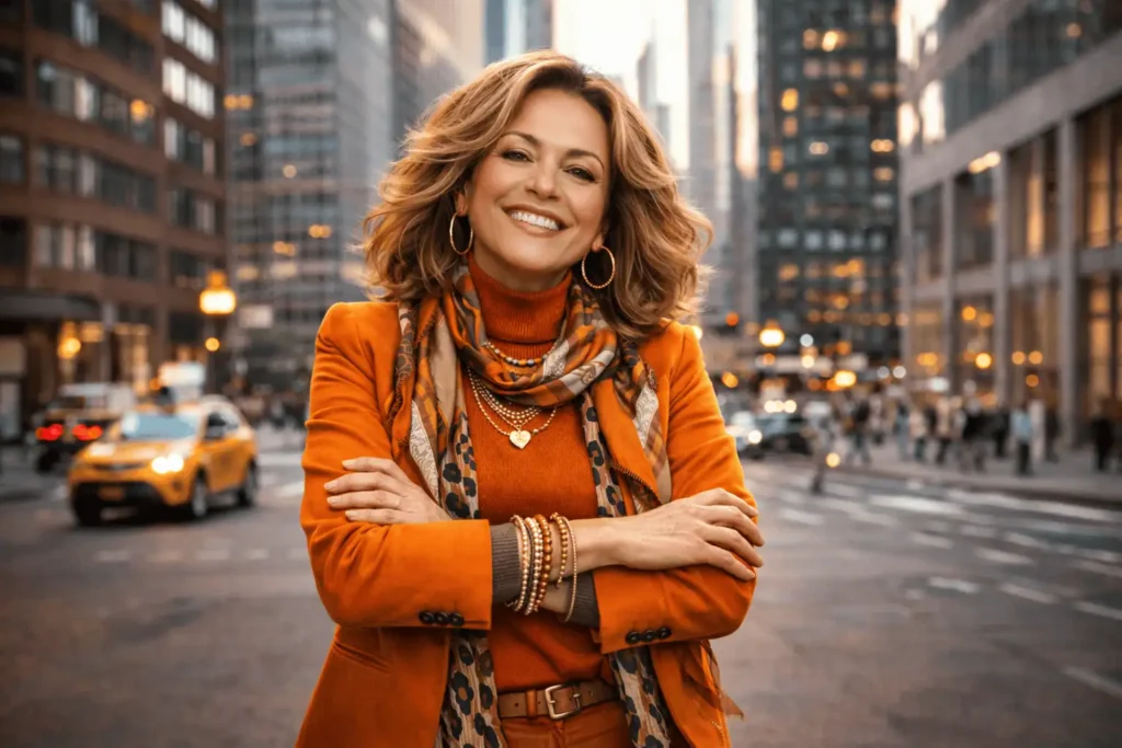 Stylish smiling woman wearing orange with her arms crossed and a city in the background.