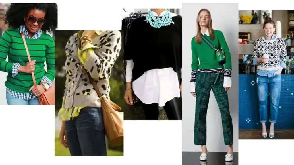 Collage of women wearing layered sweaters and button up collared shirts.