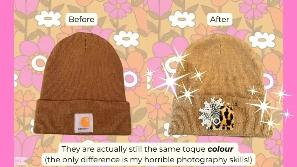 Image of a customized Carhartt toque before and after.