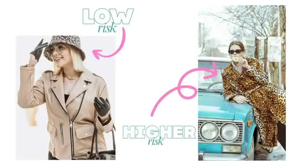 Side by side image of low and high risk trend options. Leopard print hat vs leopard print long jacket.