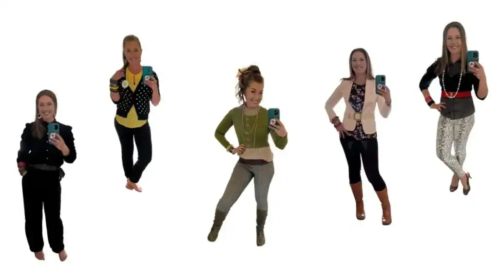 Collage of young woman taking selfies in various outfits that fit her style vibe.
