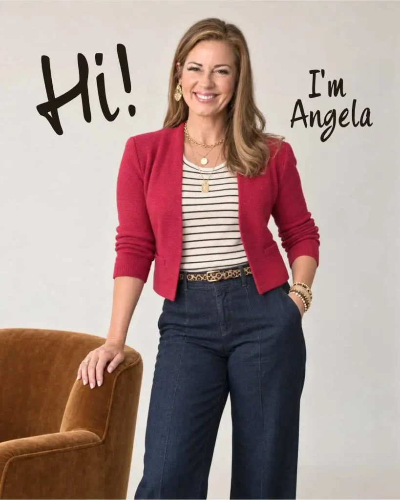Angela in jeans, striped shirt, fuschia cropped cardigan, leopard print belt