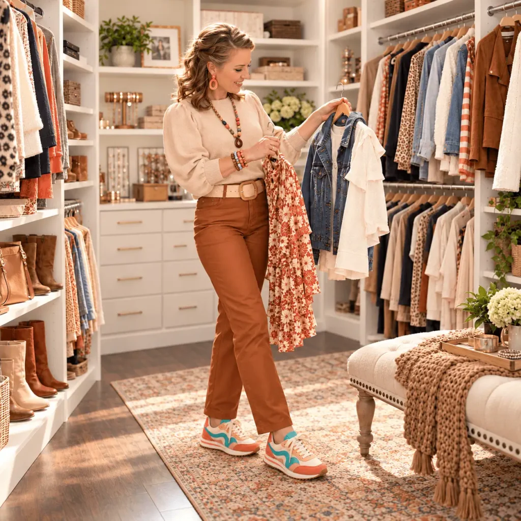 image of Angela holding up clothes to create an outfit